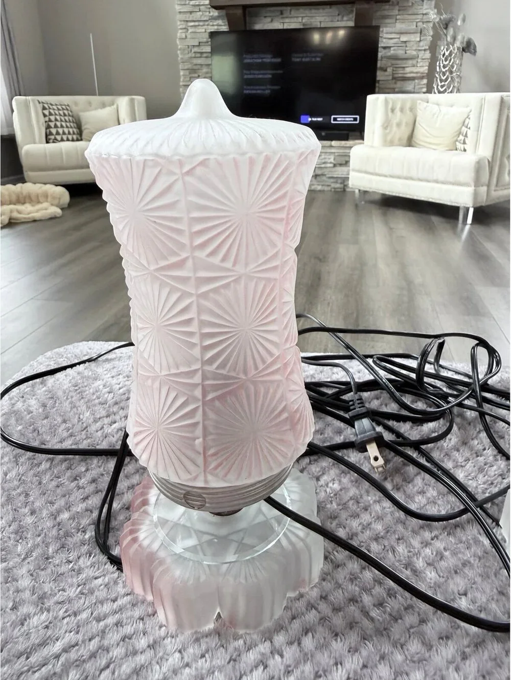 Vintage Pair Pink Satin Glass Boudoir Accent Lamps Starburst Pattern Frosted Gla